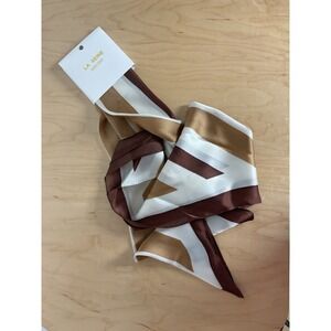 LA SEINE Kerchief Scarf Brown White Gold Stripe Satin Finish Accessory NWT